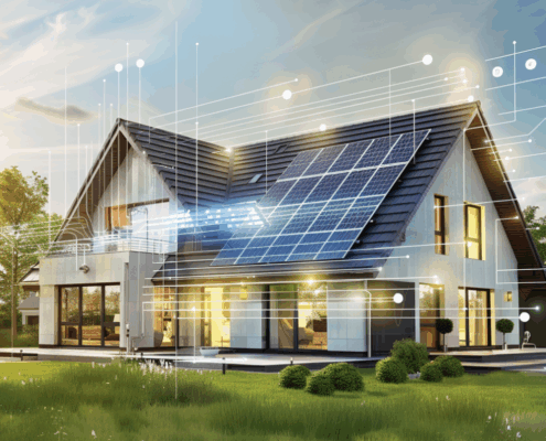 Realistic illustration of a solar-powered home in Pennsylvania with arrows showing energy flow to and from the grid, representing net metering with Canopy Solar