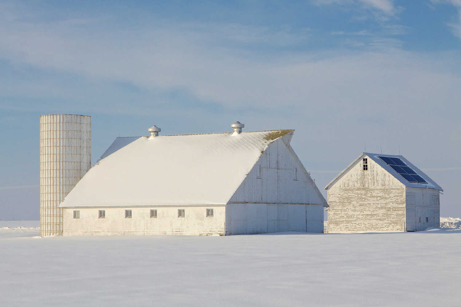 Canopy solar panels installed on a barn during the winter in Northeast Ohio.